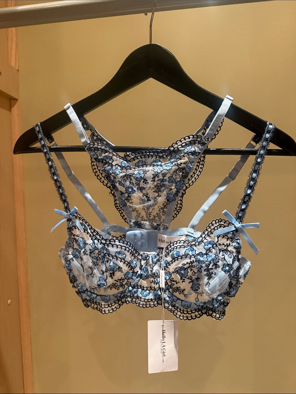 Hello LA Girl Blue and Black Floral Lace Bralette with Strappy Back